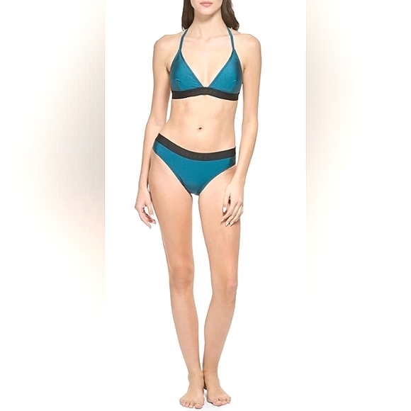☆NWT☆CALVIN KLEIN Women's Triangle Cut   Blue Cypress Shimmer Halter Tie Bikini - Picture 2 of 16